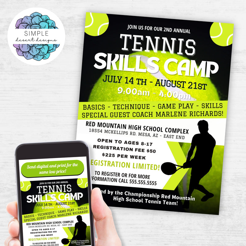 customizable tennis camp flyers for printing digital and social media templates