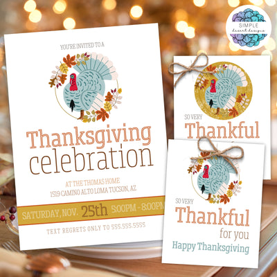 get free Happy Thanksgiving tags with the purchase of this retro vintage turkey fall dinner party invitation