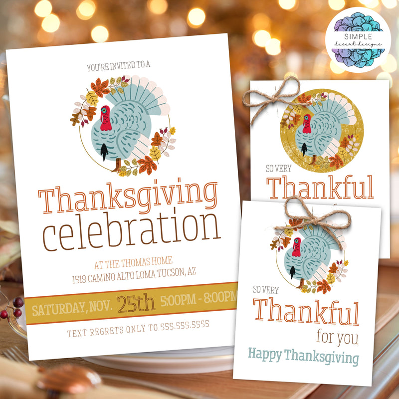 get free Happy Thanksgiving tags with the purchase of this retro vintage turkey fall dinner party invitation