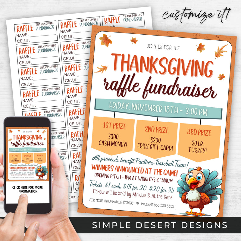 fun custom thanksgiving raffle fundraiser flyer with raffle ticket template