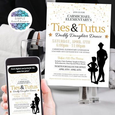 formal black and white with gold accents daddy daughter dance ties and tutus theme flyer invitations