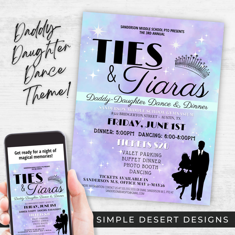 personalized ties and tiaras theme daddy daughter dance theme flyers for school church community fathers day dance invitations