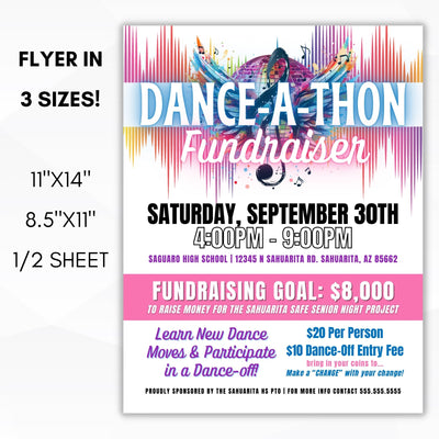 danceathon flyer in 3 sizes for school community dance fundraiser