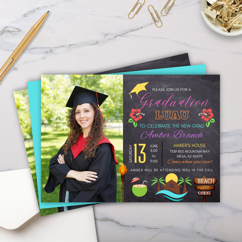 chalkboard luau theme graduation party invitations with photo