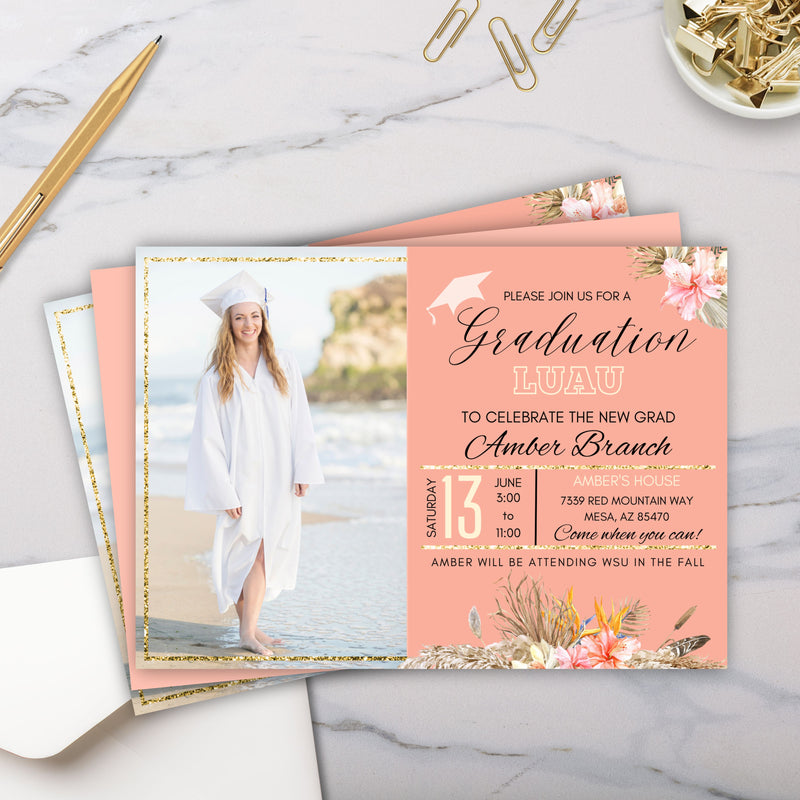 elegant tropical luau theme graduation announcement invitation template for grad party