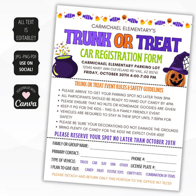 trunk or treat registration form for school or church halloween theme event