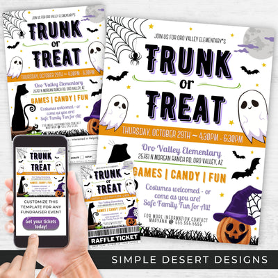 personalized all in one reusable trunk or treat flyers raffle tickets social media templates and invitations bundle