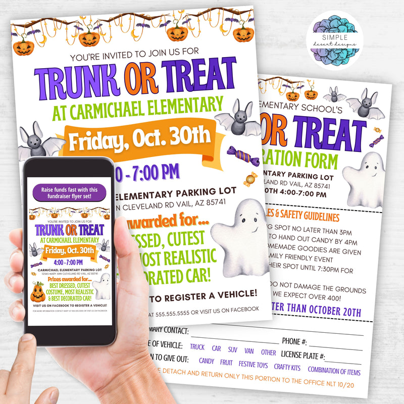 cute trunk or treat halloween flyer invitation with registration forms
