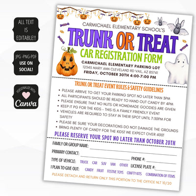 trunk or treat form with flyers for church or school halloween event