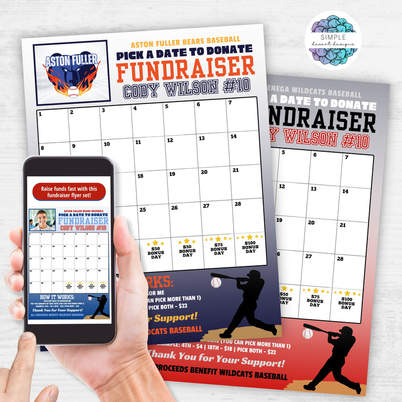 baseball calendar fundraiser template with photo and logo space with custom colors