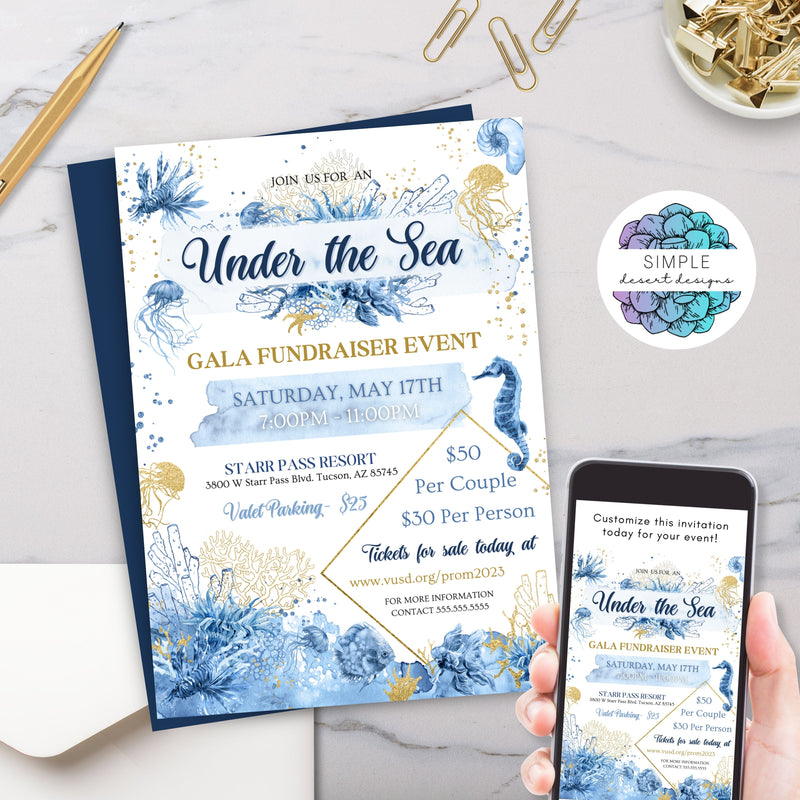 elegant formal under the sea charity gala invitations