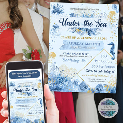 elegant under the sea theme dance prom homecoming flyers for charity event gala or fundraiser