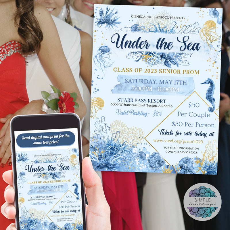 elegant under the sea theme dance prom homecoming flyers for charity event gala or fundraiser