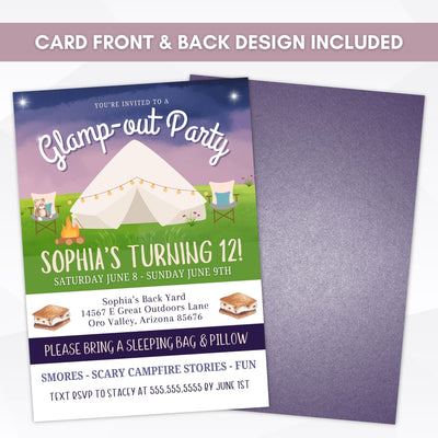 glitz and glam camping glamping party invitations