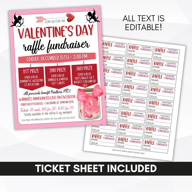 customizable valentine theme raffle fundraiser flyer and ticket sheet