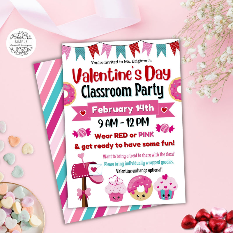 custom valentines day party invitation for kids classroom celebration or candy exchange party