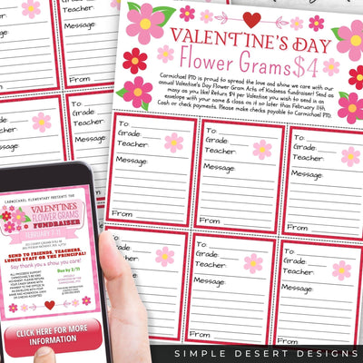 valentines day flower sales fundraiser bundle with flyer send home flyer and full sheet of flower grams