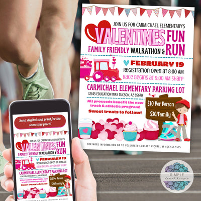 cute valentines day fun run walkathon fundraiser flyer for 5k10k marathon healthy fundraising event