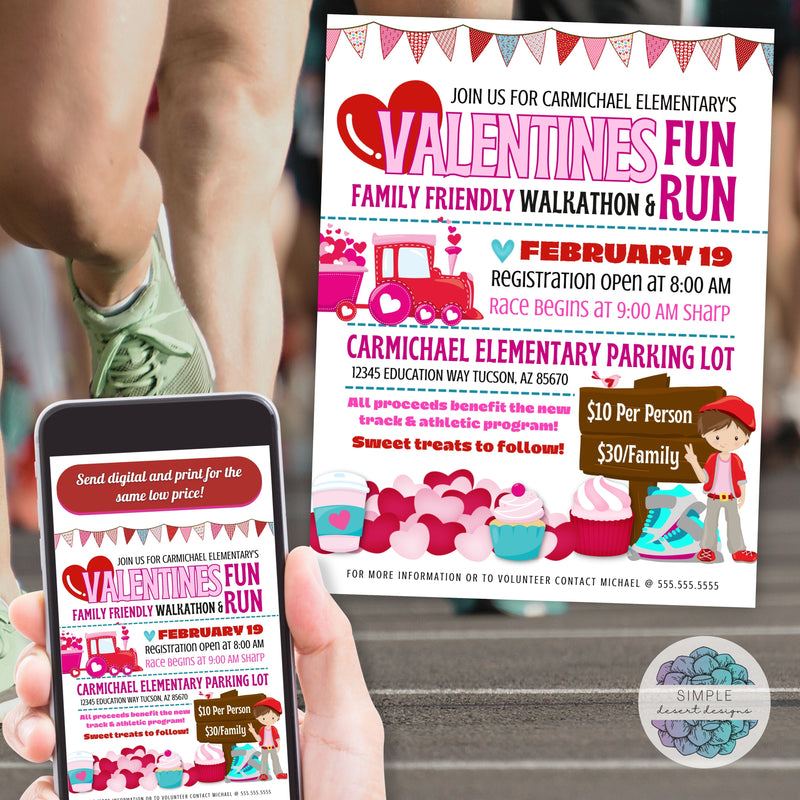 cute valentines day fun run walkathon fundraiser flyer for 5k10k marathon healthy fundraising event