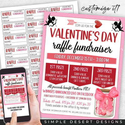 valentine's day theme raffle fundraiser flyers and ticket template sheet for school church or community giveaway