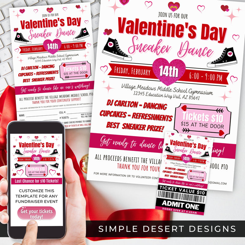 valentines theme sneaker dance flyers and ticket template bundle for school church or charity gala event