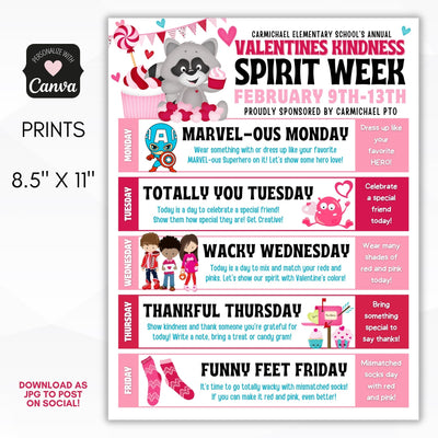 fun febrary spirit week flyer template for newsletter insert or digital reminder for schools PTO PTA or work