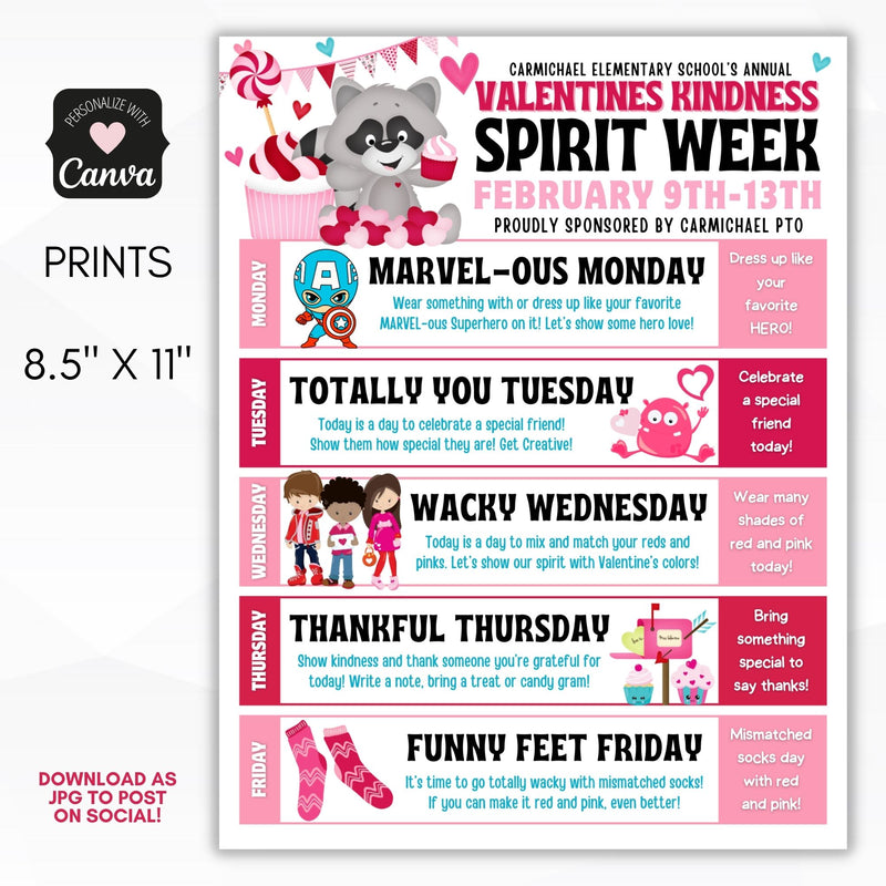 fun febrary spirit week flyer template for newsletter insert or digital reminder for schools PTO PTA or work