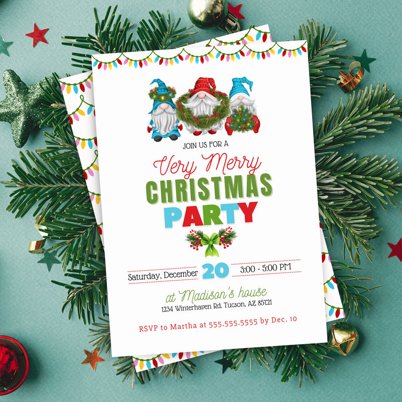 cute christmas party invitations with holiday gnomes wreaths and christmas lights