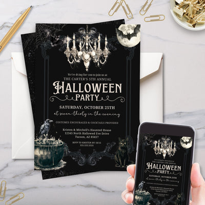 black halloween party invitation with spooky vintage graphics for annual costume party invites