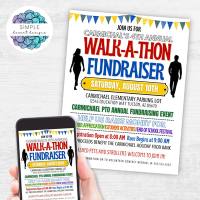 printable and digital flyer invitations for walkathon fundraiser event with customizable colors