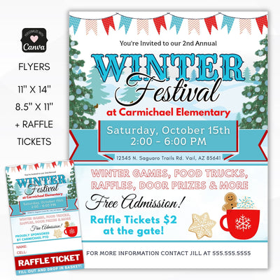 cute winter theme festival flyers and raffle ticket template set