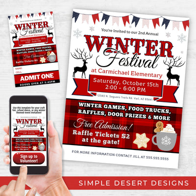 red gingham theme winter festival flyer invitation and ticket template bundle for raffle fundraiser event