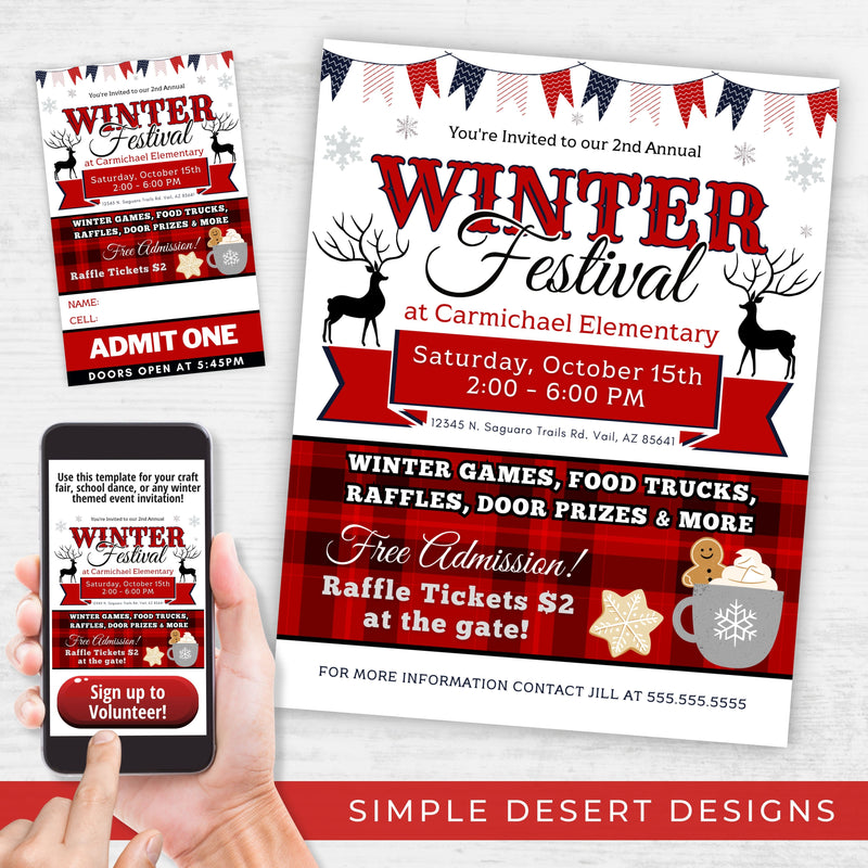 red gingham theme winter festival flyer invitation and ticket template bundle for raffle fundraiser event