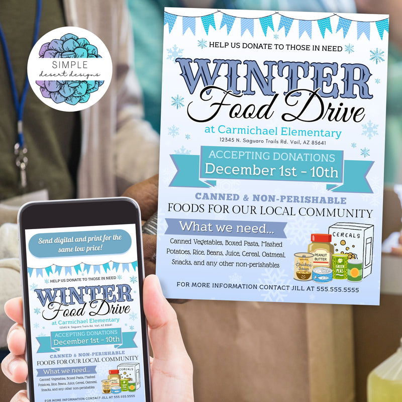 persoanlized winter season food drive canned food donations flyers for charity donation event