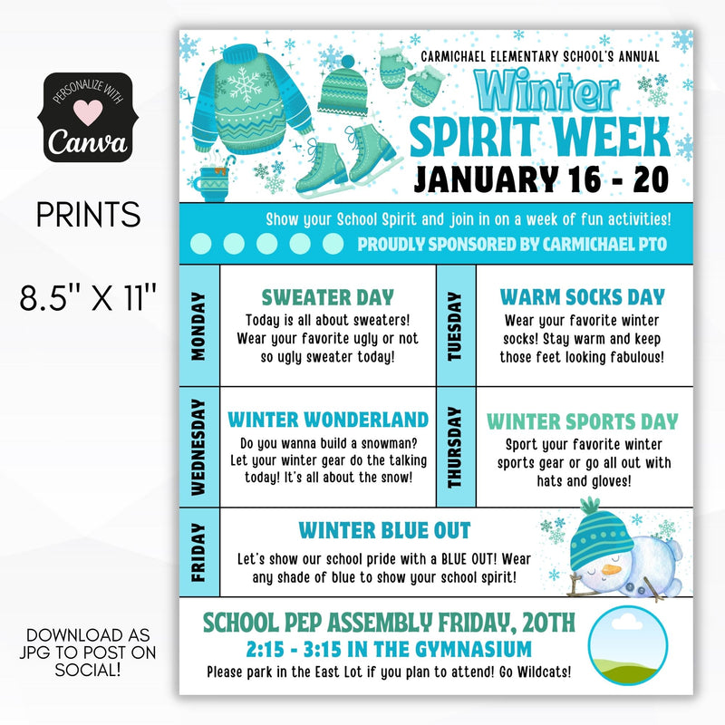 fun winter spirit week flyer with persoanlized logo space and editable text