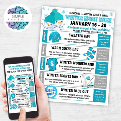 cute winter spirit week flyers with 5 day itinerary schedule