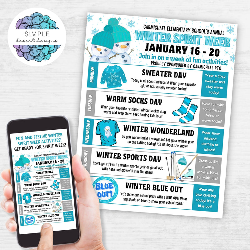 cute winter spirit week flyers with 5 day itinerary schedule