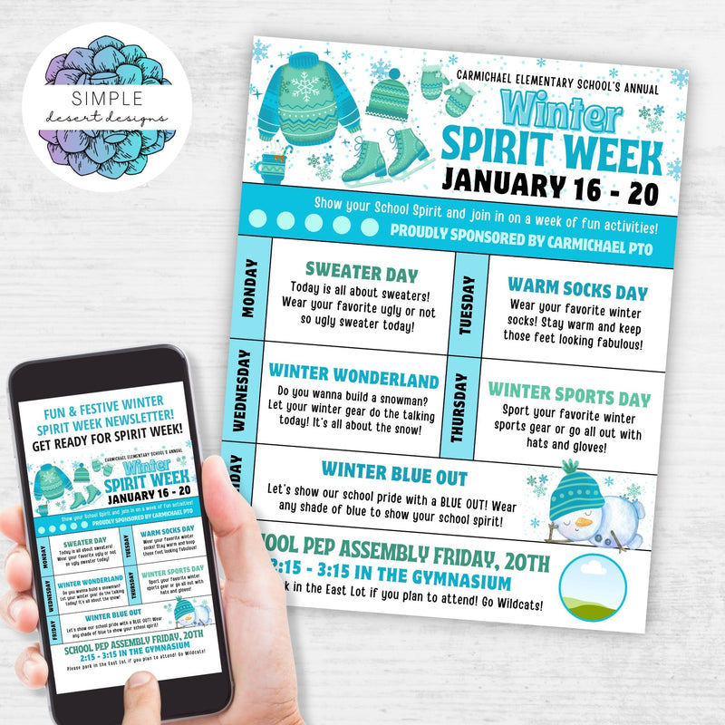 persoanlized winter spirit week flyer template with space for logo