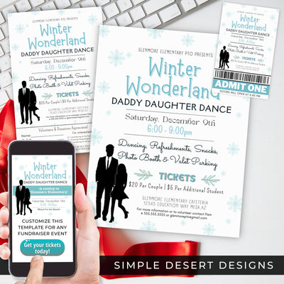 fun winter wonderland theme daddy daughter dance flyers ticket template order form and social media post bundle