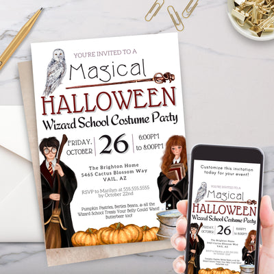 wizard school halloween costume party invitation with witch wizard and wise owl in pumpkin patch with cauldron